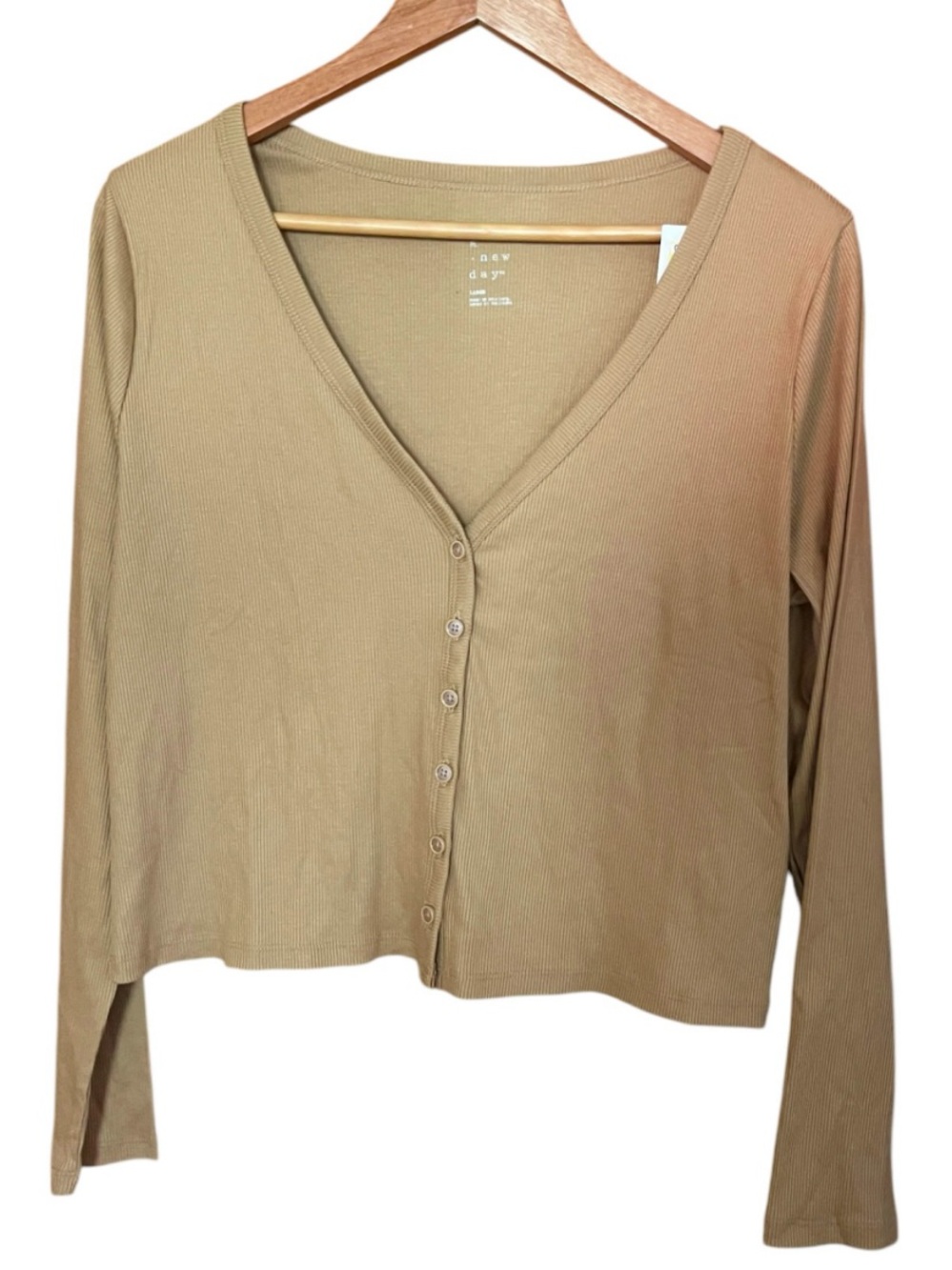 A New Day Women's Tan V-Neck Button-Front Long Sleeve Top